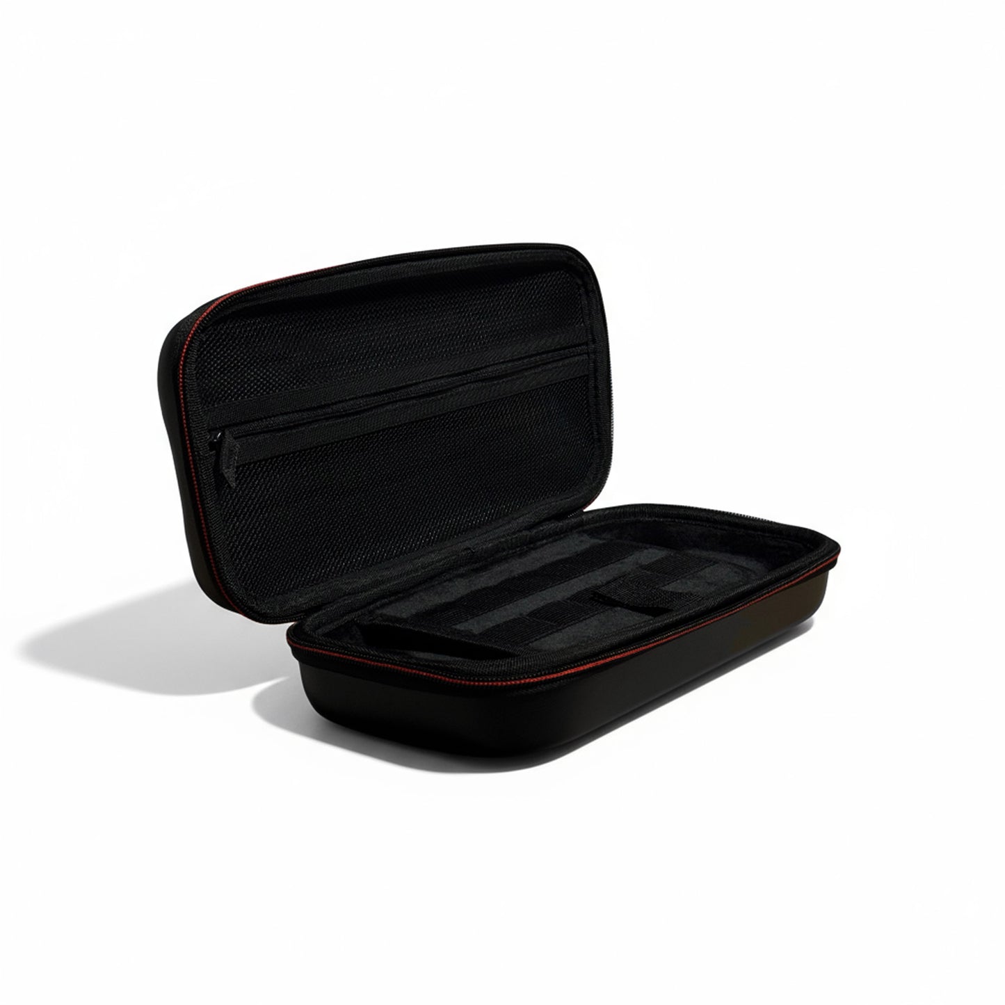 Angled view of open Nintendo Switch 2 black and red hard shell travel case showing mesh pocket and interior compartments on white background.