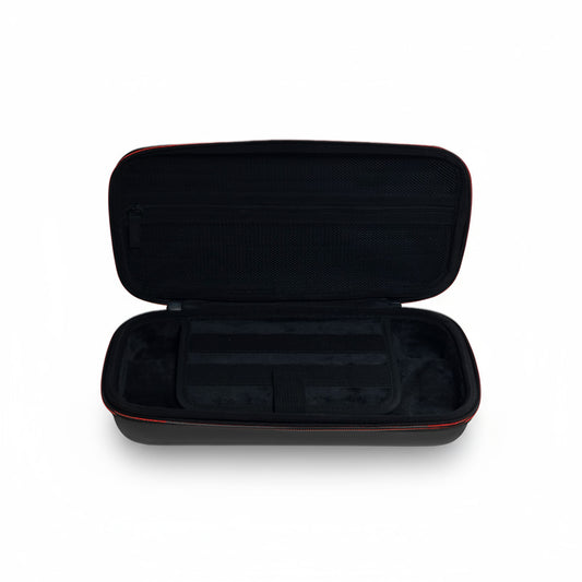 Open Nintendo Switch 2 black and red hard shell protective case showing interior compartments and mesh pocket.