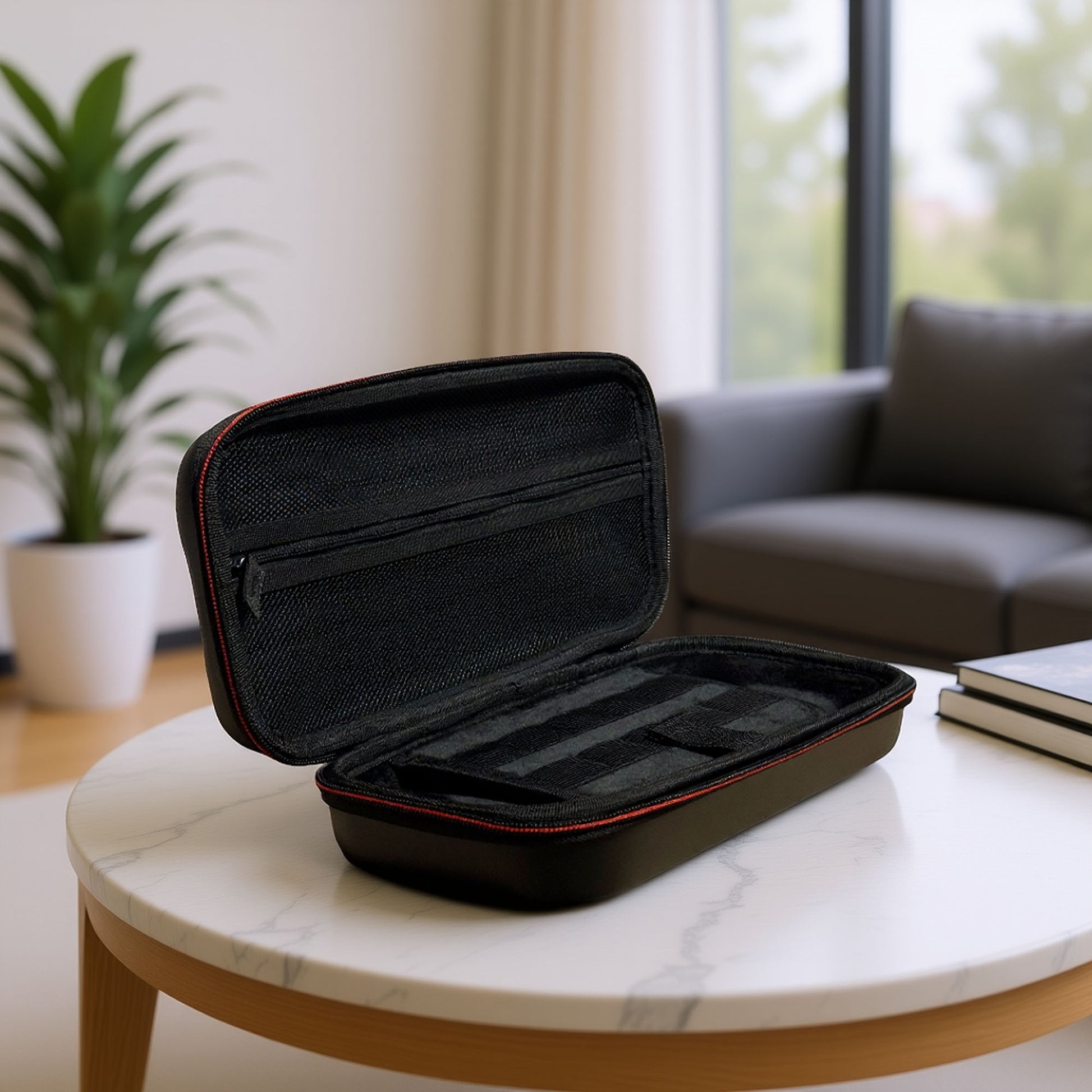 Nintendo Switch 2 black and red protective case open on a marble coffee table in a modern living room setting.