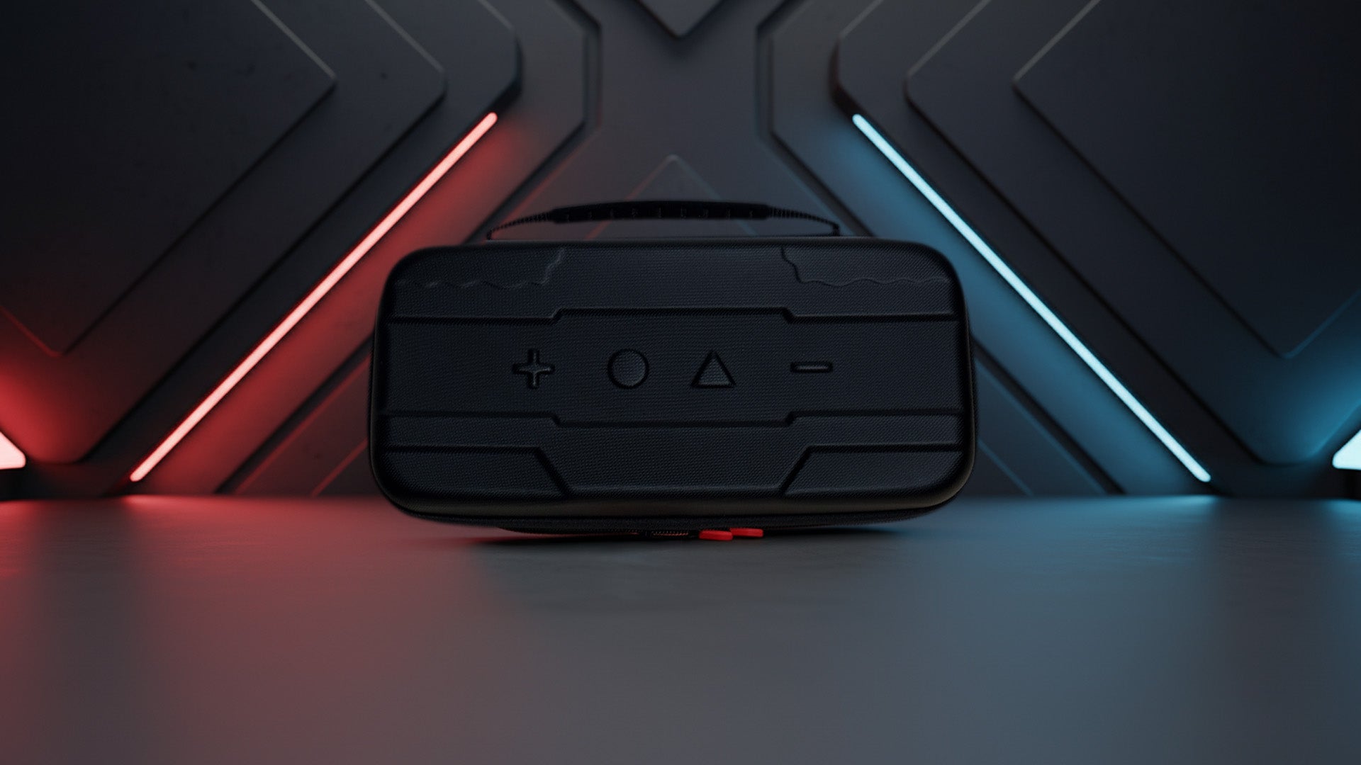 ClutchGuard Switch 2 Case by Clutch or Cooked Gaming Gear — hard-shell black and red protective travel case displayed in a futuristic gaming setup with LED lighting.