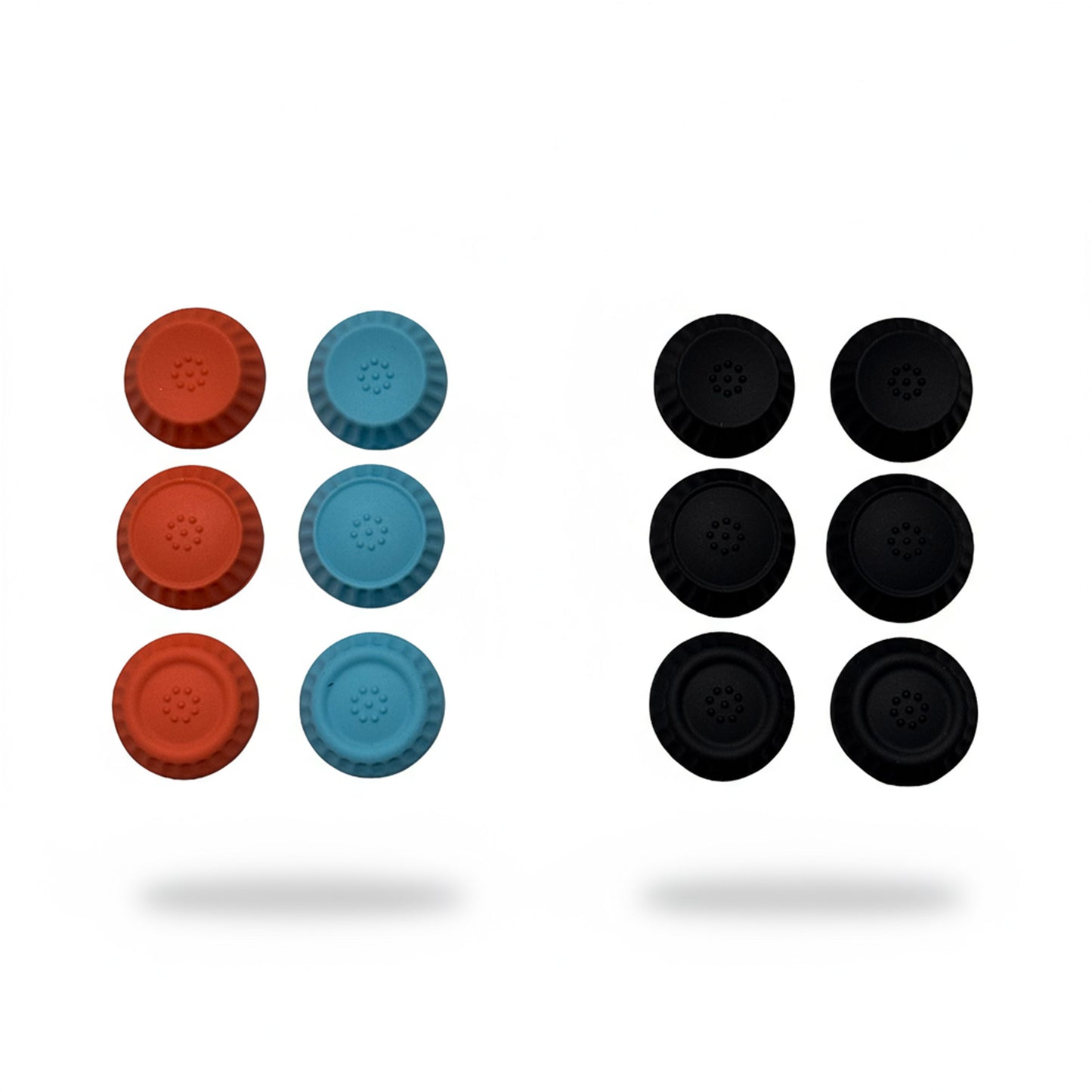 Six sets of Nintendo Switch 2 thumb grips including black and colored options in blue and red, displayed on a white background.