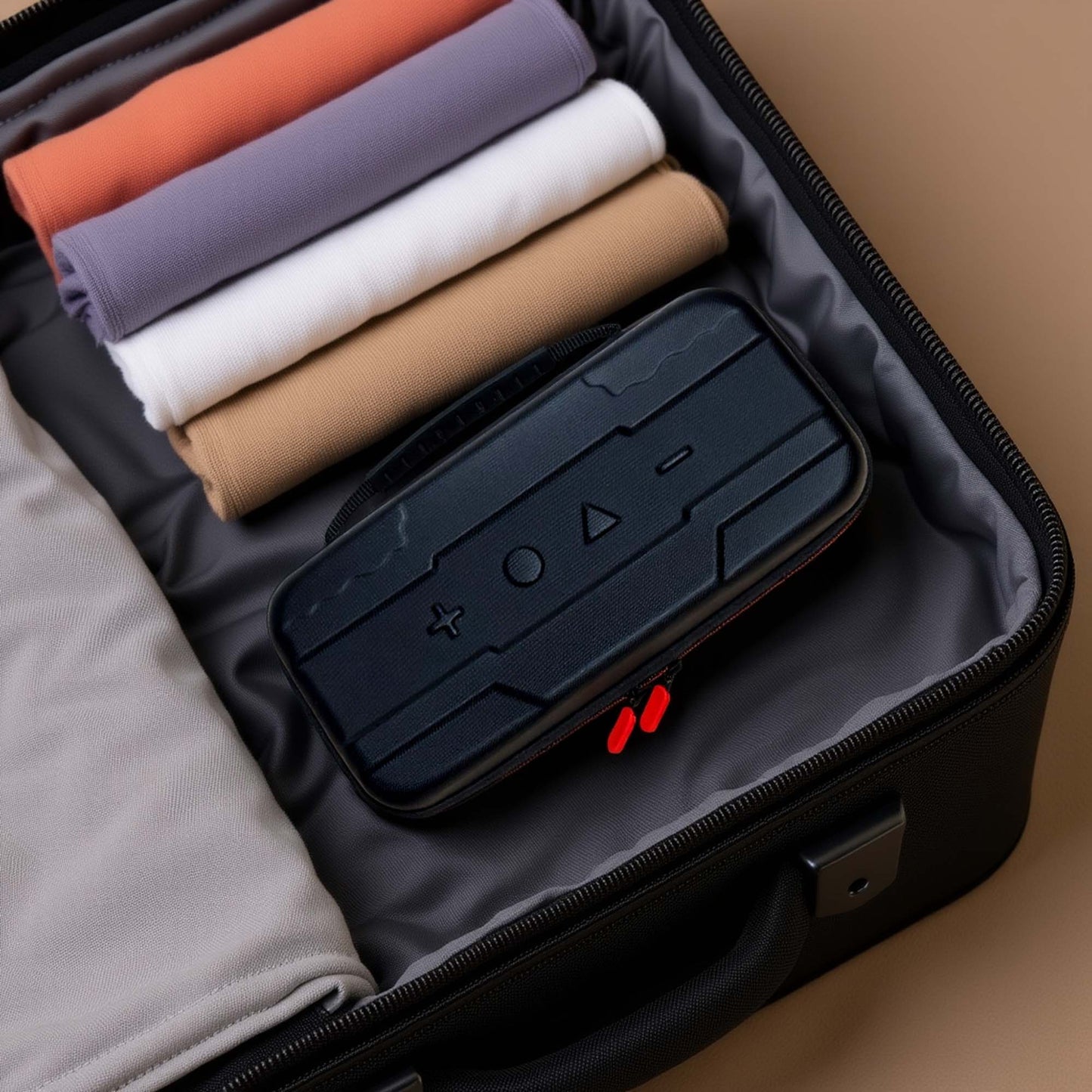 Nintendo Switch 2 black and red hard shell travel case packed neatly in luggage beside folded clothes.